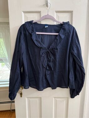 Old Navy Navy Ruffle Tie-Neck Blouse
